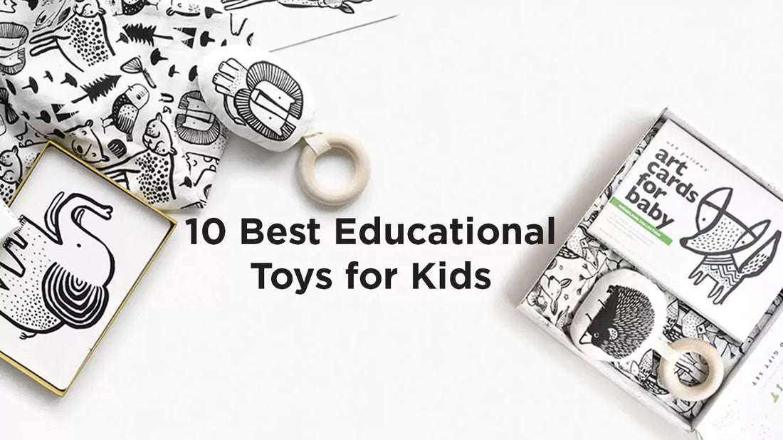 A banner with a range of toys to help youngsters learn and develop, like a shape sorter and a set of wooden blocks, and written 10 Best Educational Toys for Kids