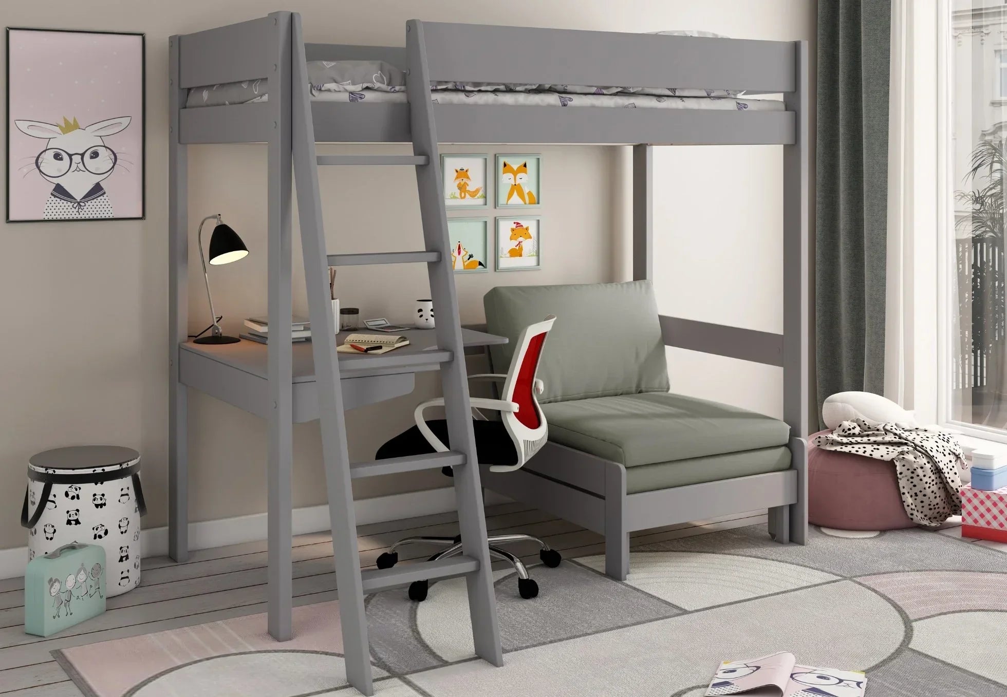 Bunk beds feature a built-in desk, chair, and sofa bed underneath them.