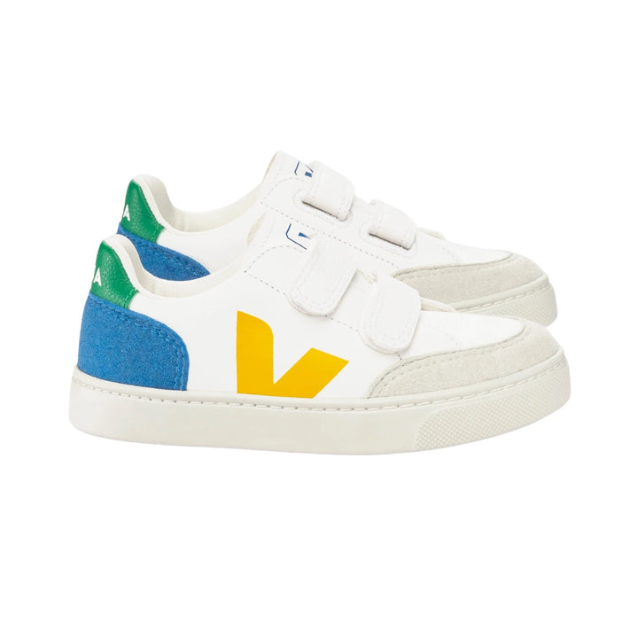 V-12 ChromeFree kids sneakers, white sustainable sneakers Veja, eco-friendly kids shoes with blue accents