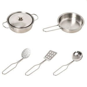 A 5-piece stainless steel cookware set including a pot with lid, a small saucepan, a slotted spoon, a spatula, and a ladle, displayed on a clean white background.