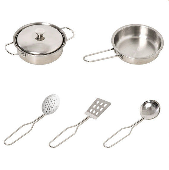 A 5-piece stainless steel cookware set including a pot with lid, a small saucepan, a slotted spoon, a spatula, and a ladle, displayed on a clean white background.