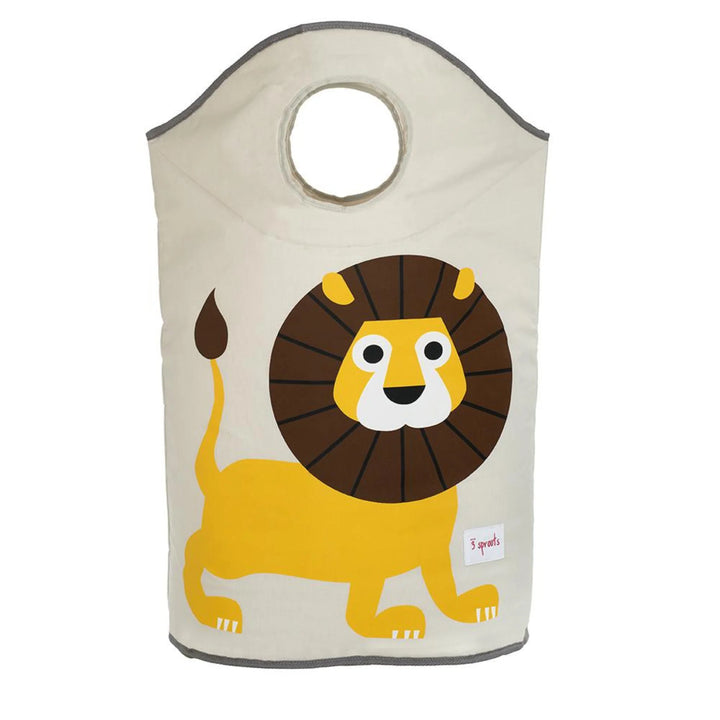Close-up of the lion design on the laundry hamper