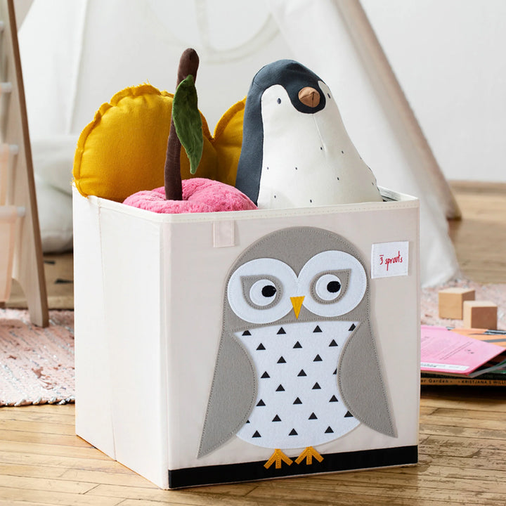 3 Sprouts Storage Box (Owl) filled with toys in a child's room