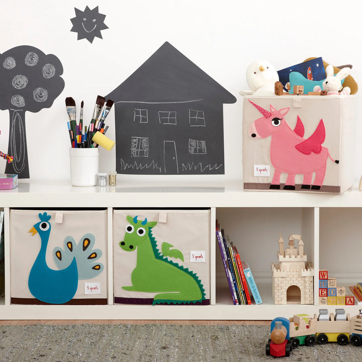 3 Sprouts Storage Box (Unicorn) filled with toys and displayed on a shelf