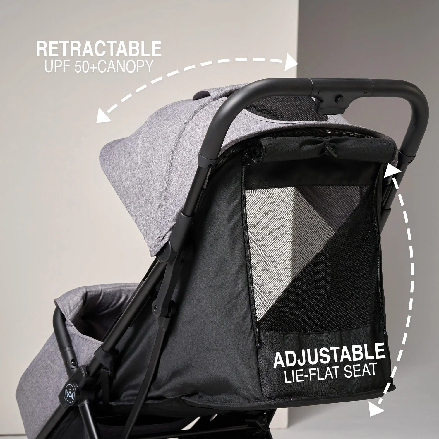Gray and black stroller with adjustable lie-flat seat and retractable canopy features.