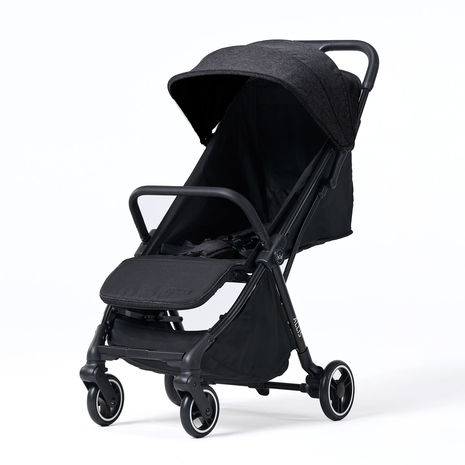 Black flick stroller on a white background