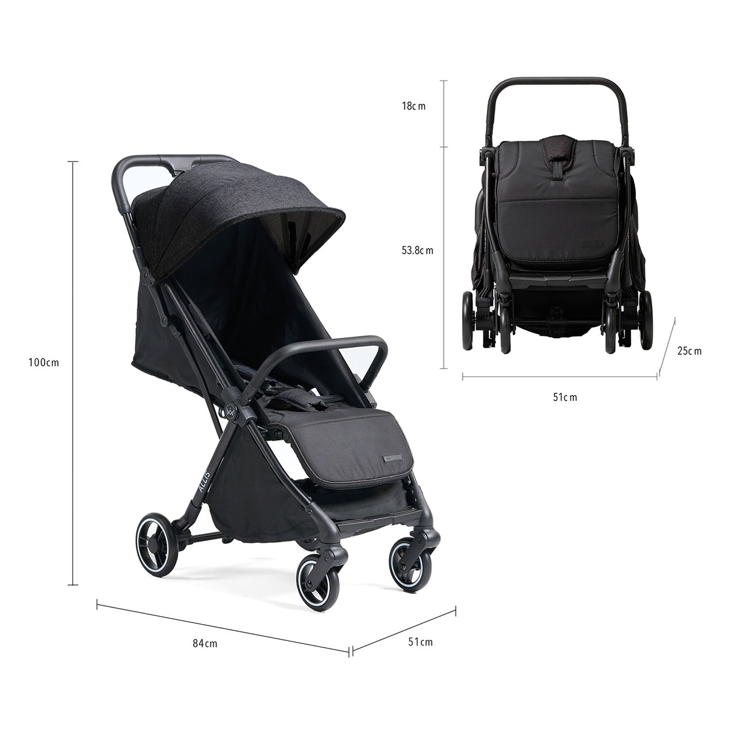 Black flick stroller with dimensions indicated on a white background