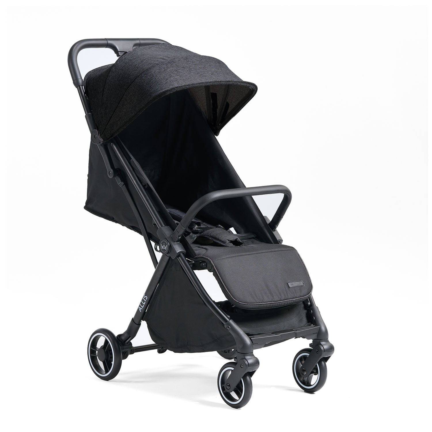 Black flick stroller on a white background