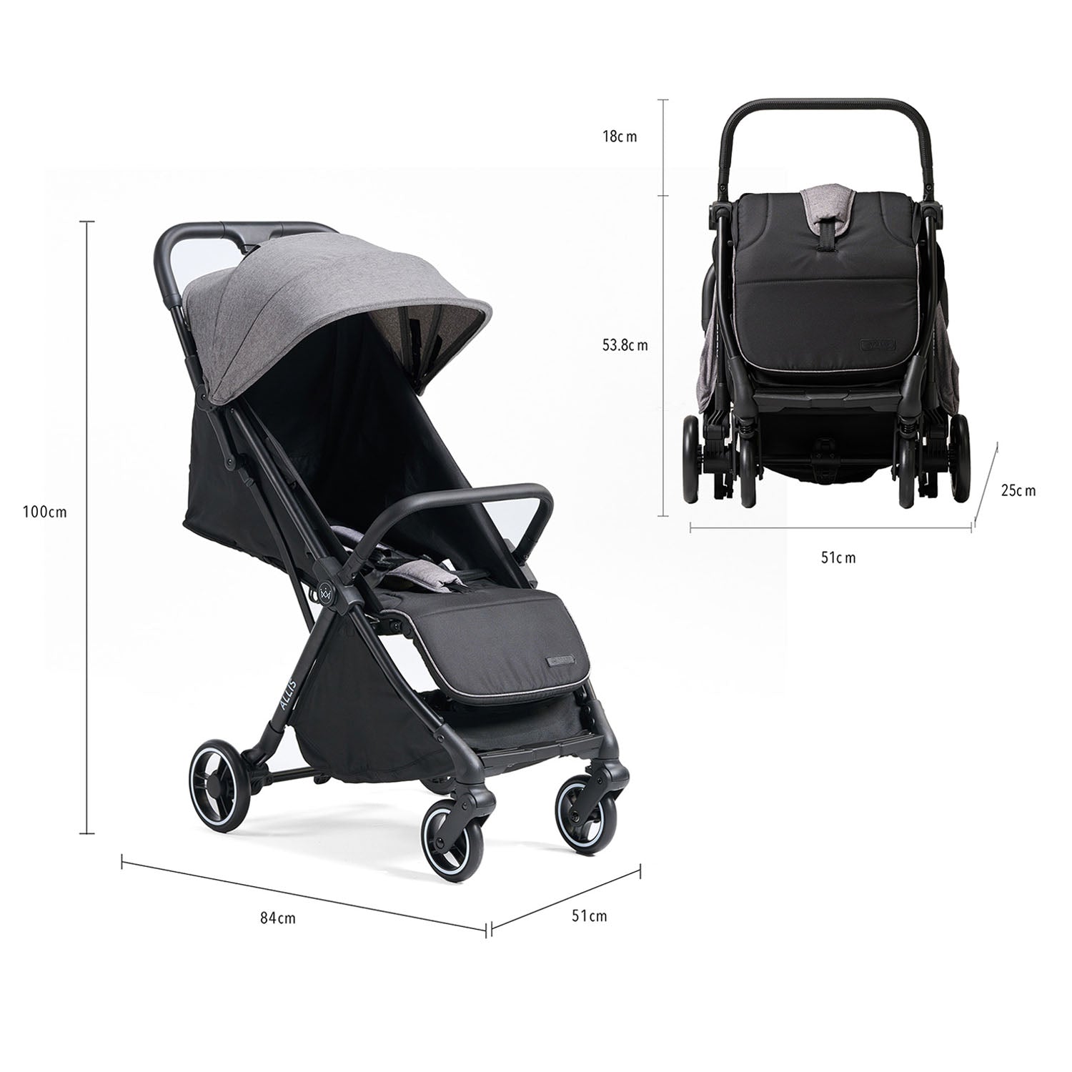 Black and grey stroller folded and unfolded with dimensions on a white background