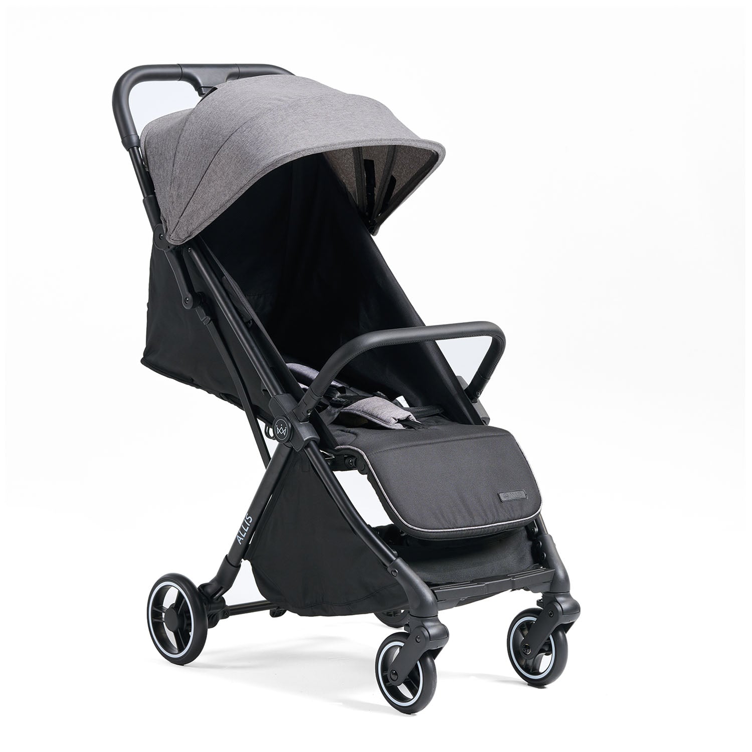 Black and gray stroller on a white background
