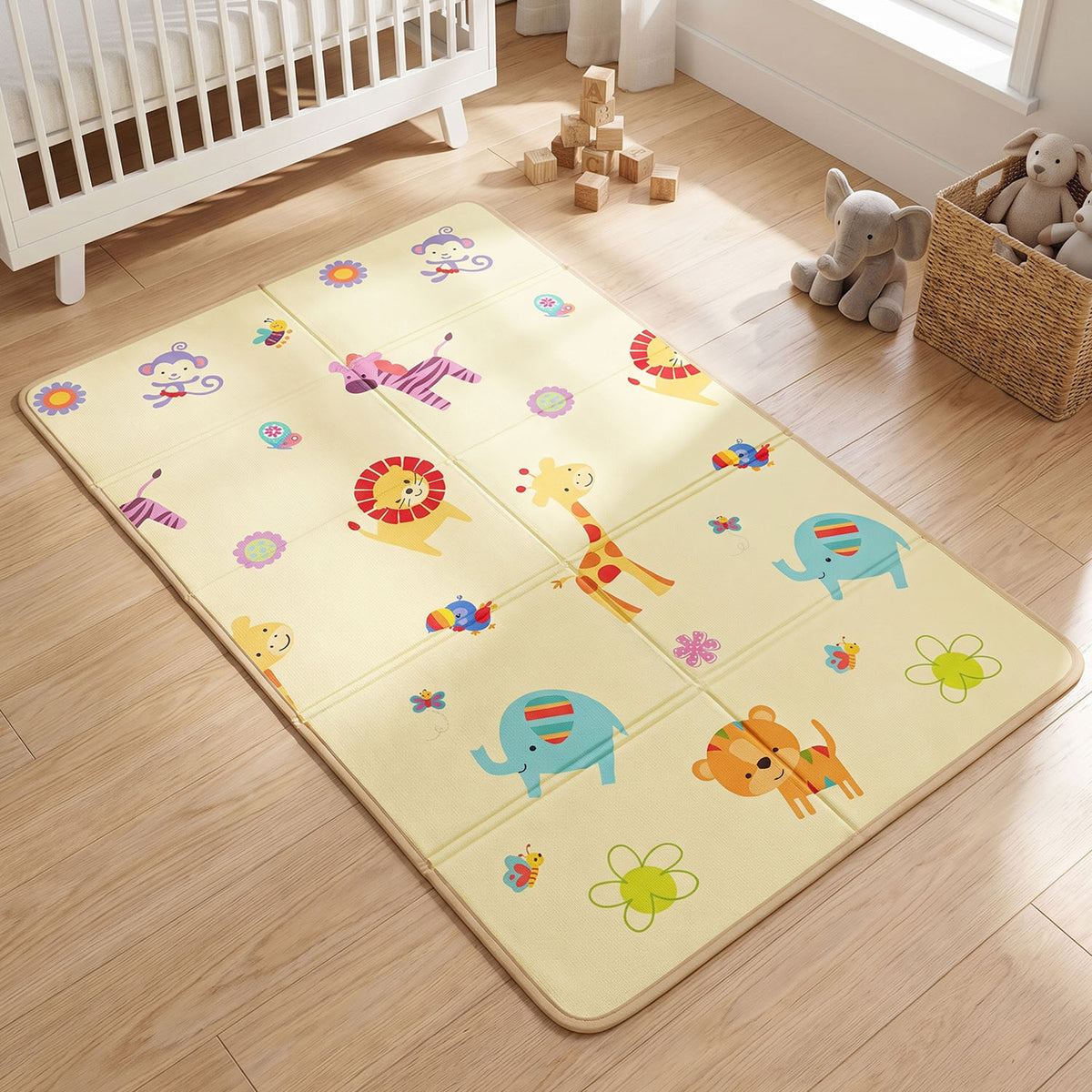 The bright, animal-themed side of the Allis 176x96cm Folding Play Mat placed neatly next to a white baby cot in a nursery.