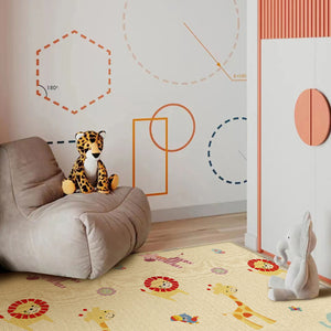 Graphic displaying the dual-sided patterns of the Allis 176x96cm Folding Play Mat, featuring a vibrant animal side and a fun vehicle-themed side.