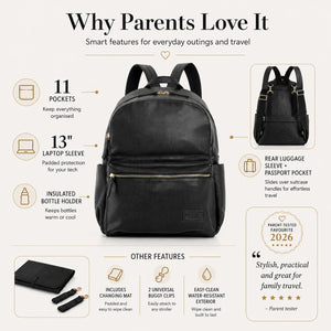 A infographic for a black backpack, titled 'Why Parents Love It'. The central image shows the black backpack with gold zippers.