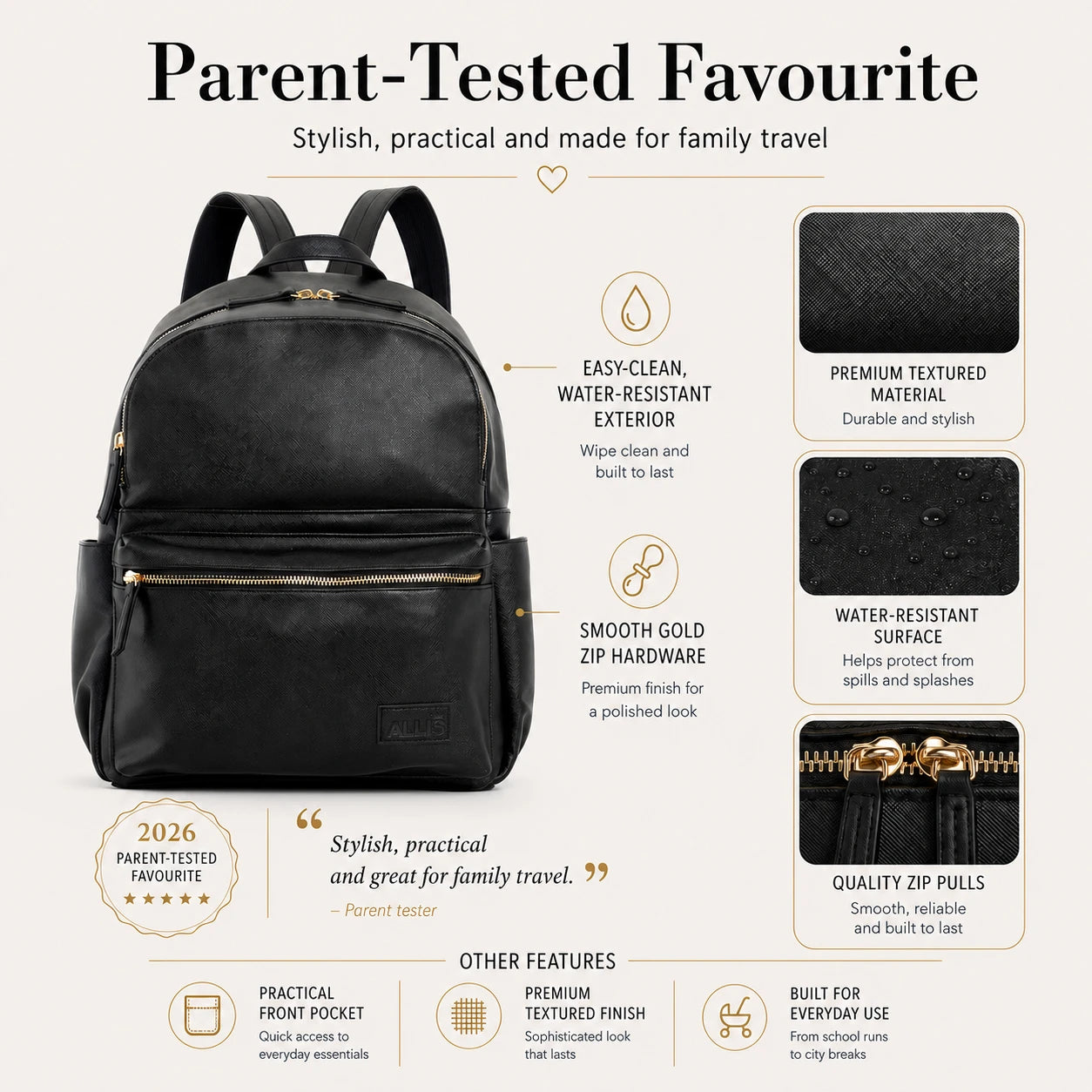 A black backpack with gold zipper pulls and hardware, shown on a light beige infographic background with text callouts about its features, including parent-tested favorite, easy-clean water-resistant exterior, smooth gold zipper hardware, and quality zip pulls.