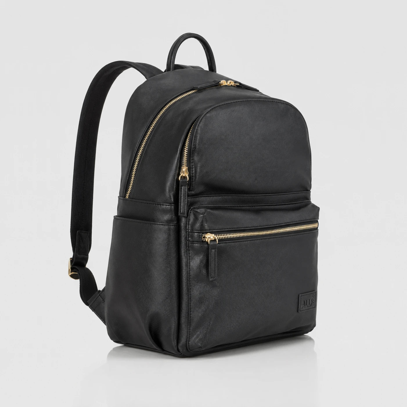 Allis baby black changing backpack with gold-tone zippers and hardware.
