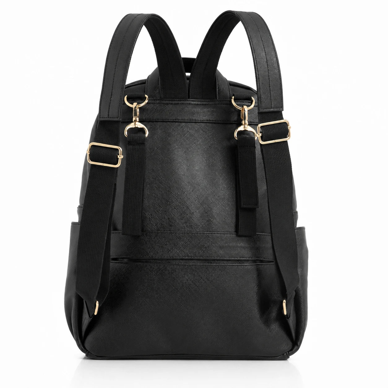 A black changing backpack with gold-tone hardware, featuring dual shoulder straps, adjustable side straps with gold buckles, and a front slip pocket, shown against a plain white background.