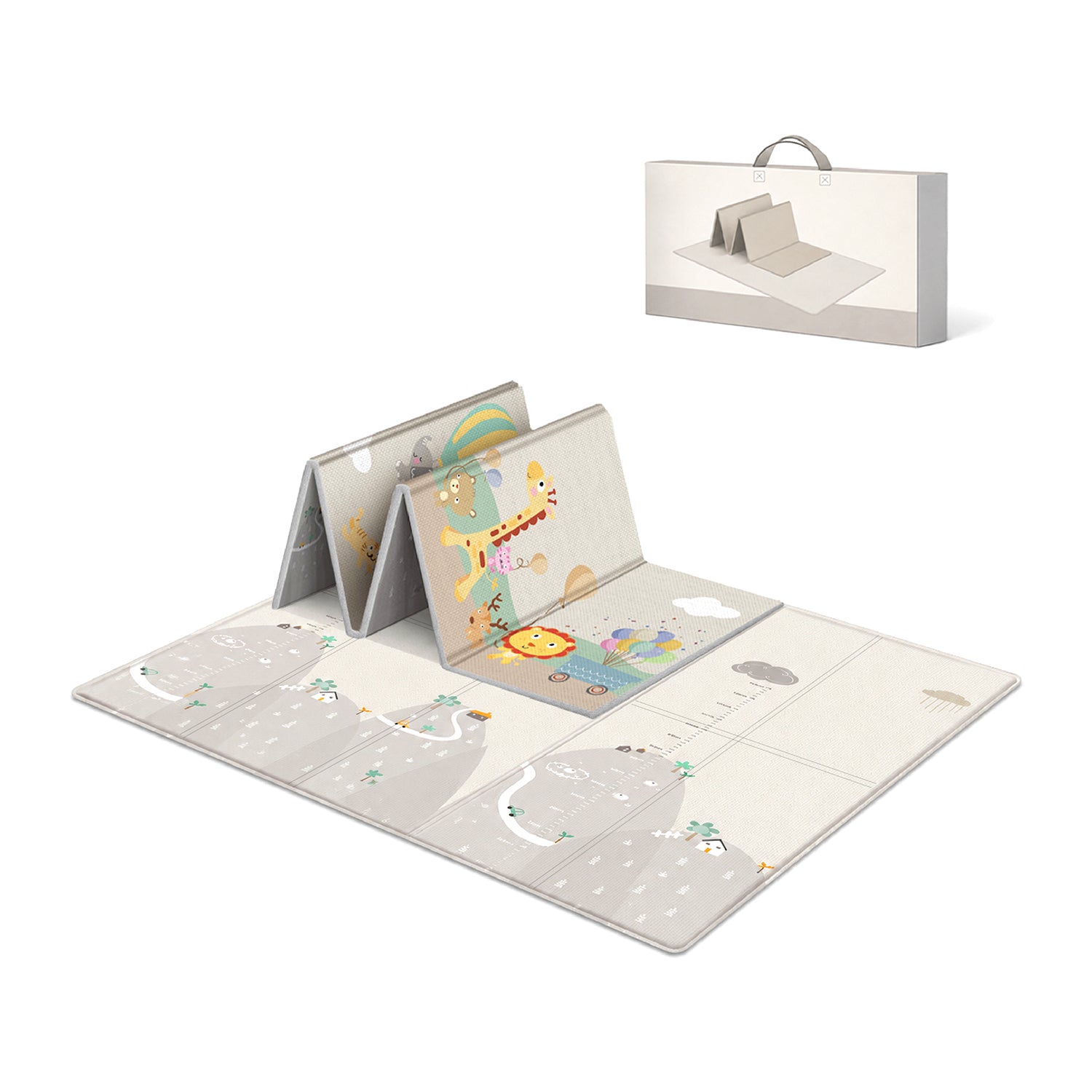 Large foldable baby play mat set shown open with several illustrated panels raised up, alongside its carrying case.