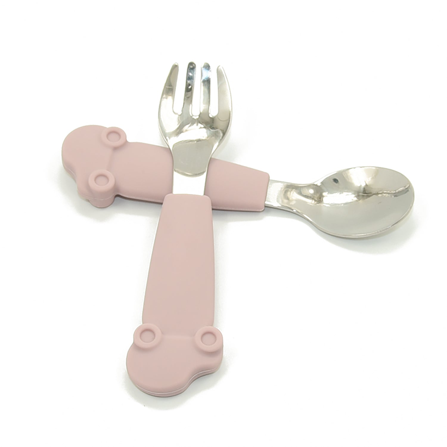 Pink car design baby fork and spoon with soft silicone handles