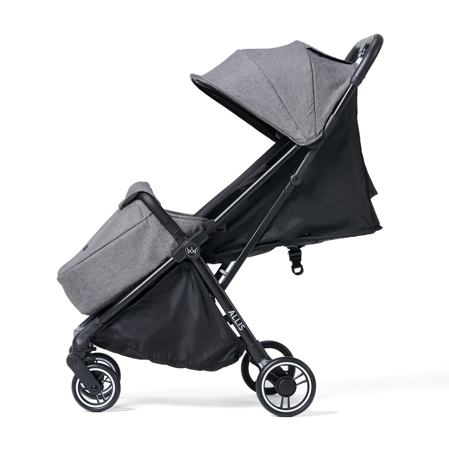 Black and gray stroller on a white background