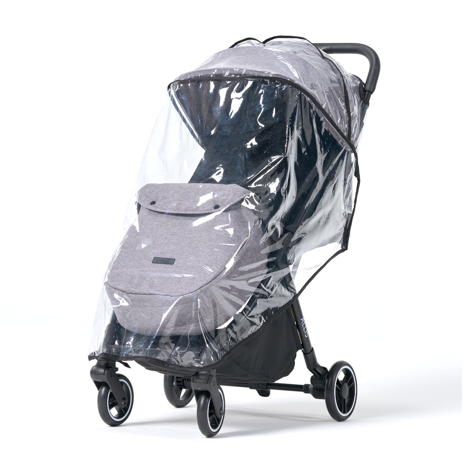 A grey stroller with a clear rain cover and footmuff on a white background