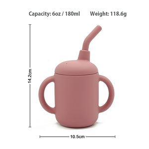 Dimension diagram showing the silicone sippy cup measurements: 10.5cm height, 14cm width, 150ml capacity, and 118g weight.