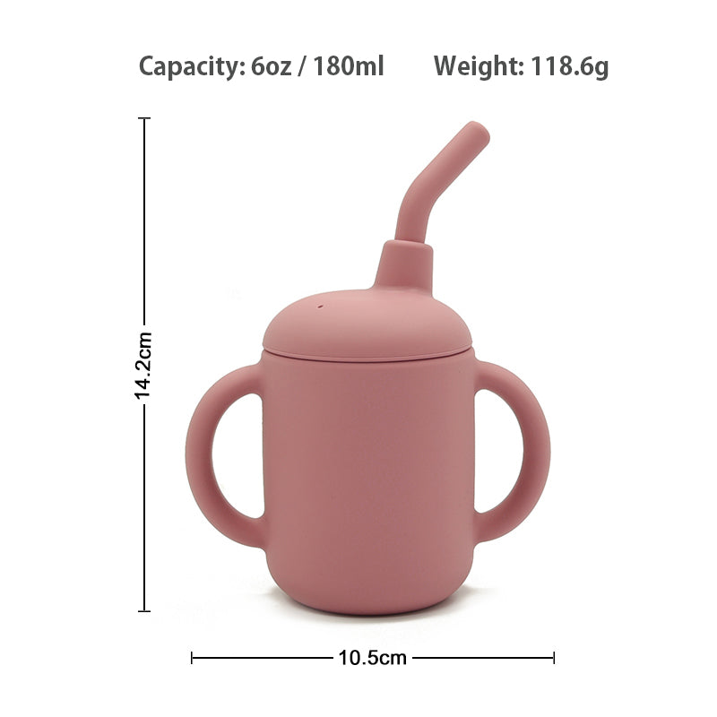 Dimension diagram showing the silicone sippy cup measurements: 10.5cm height, 14cm width, 150ml capacity, and 118g weight.