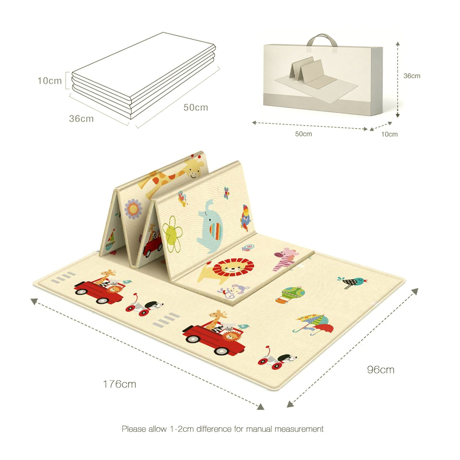 Dimensional diagram illustrating the folding mechanism and the fully open 176cm x 96cm size of the Allis Double Sided Folding Play Mat.