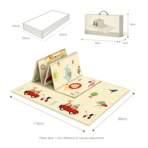 Dimensional diagram illustrating the folding mechanism and the fully open 176cm x 96cm size of the Allis Double Sided Folding Play Mat.
