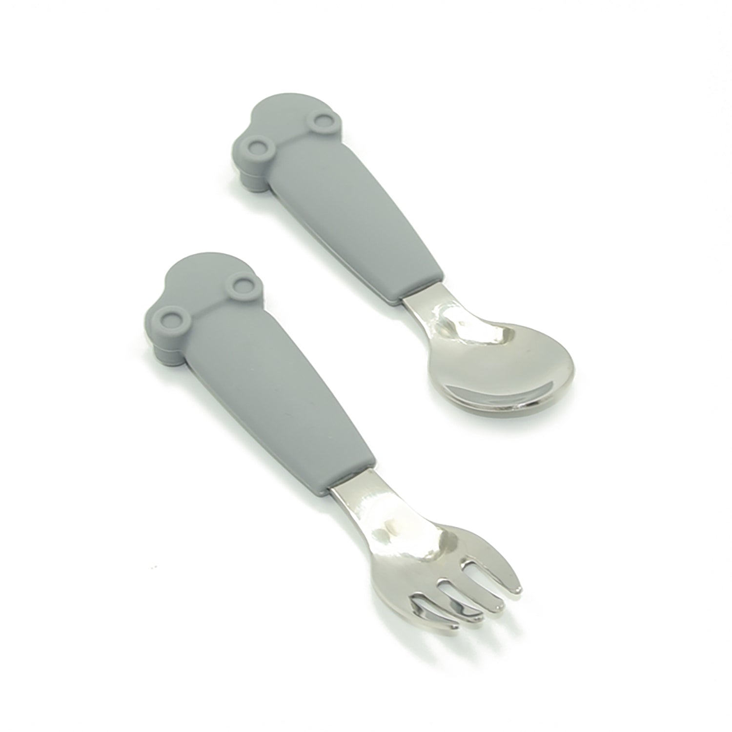 Non-slip silicone handle fork and spoon designed for little hands.