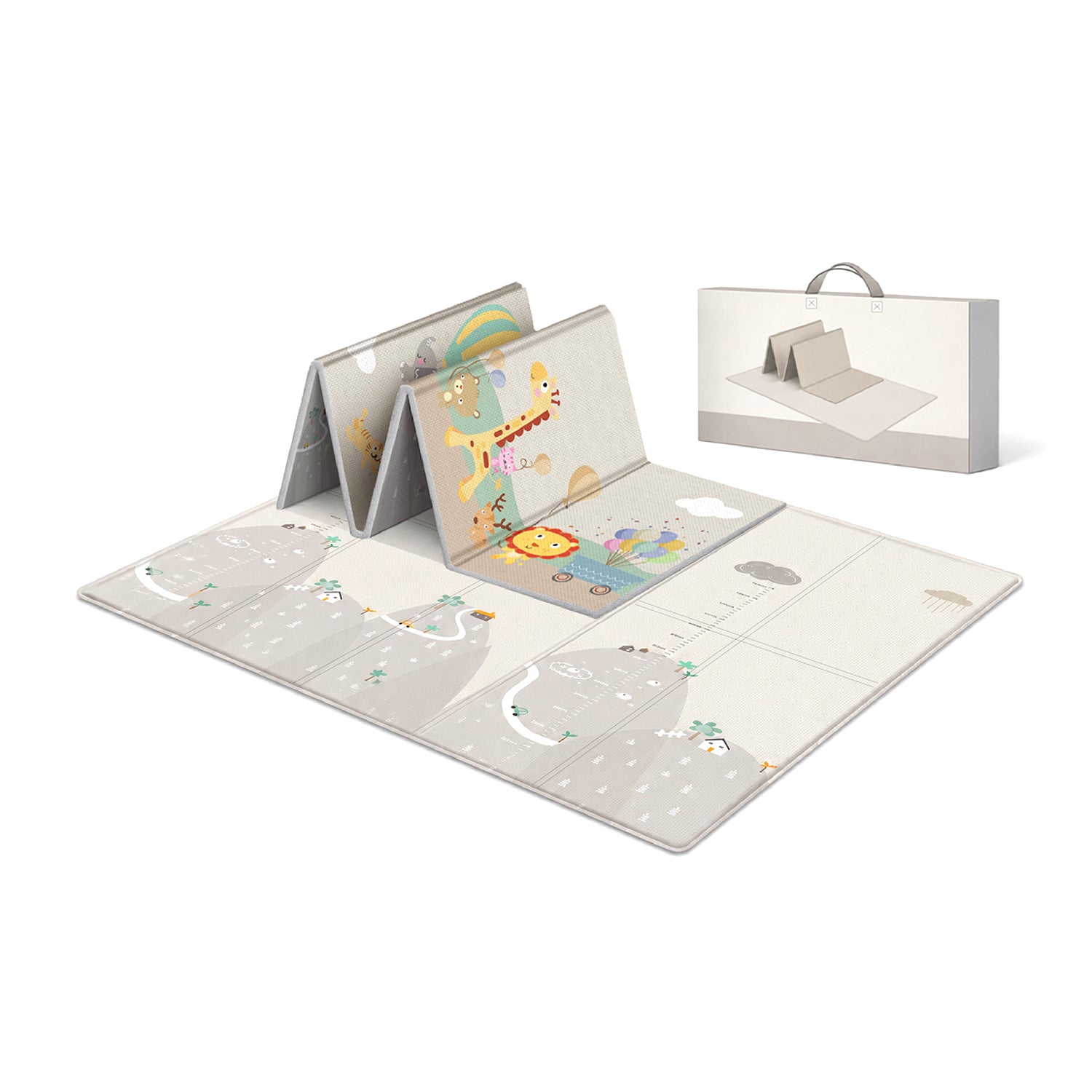 A children's floor mat play set shown open on a white background, with folded panels displaying colorful animal and nature illustrations, plus a matching storage box with a handle.
