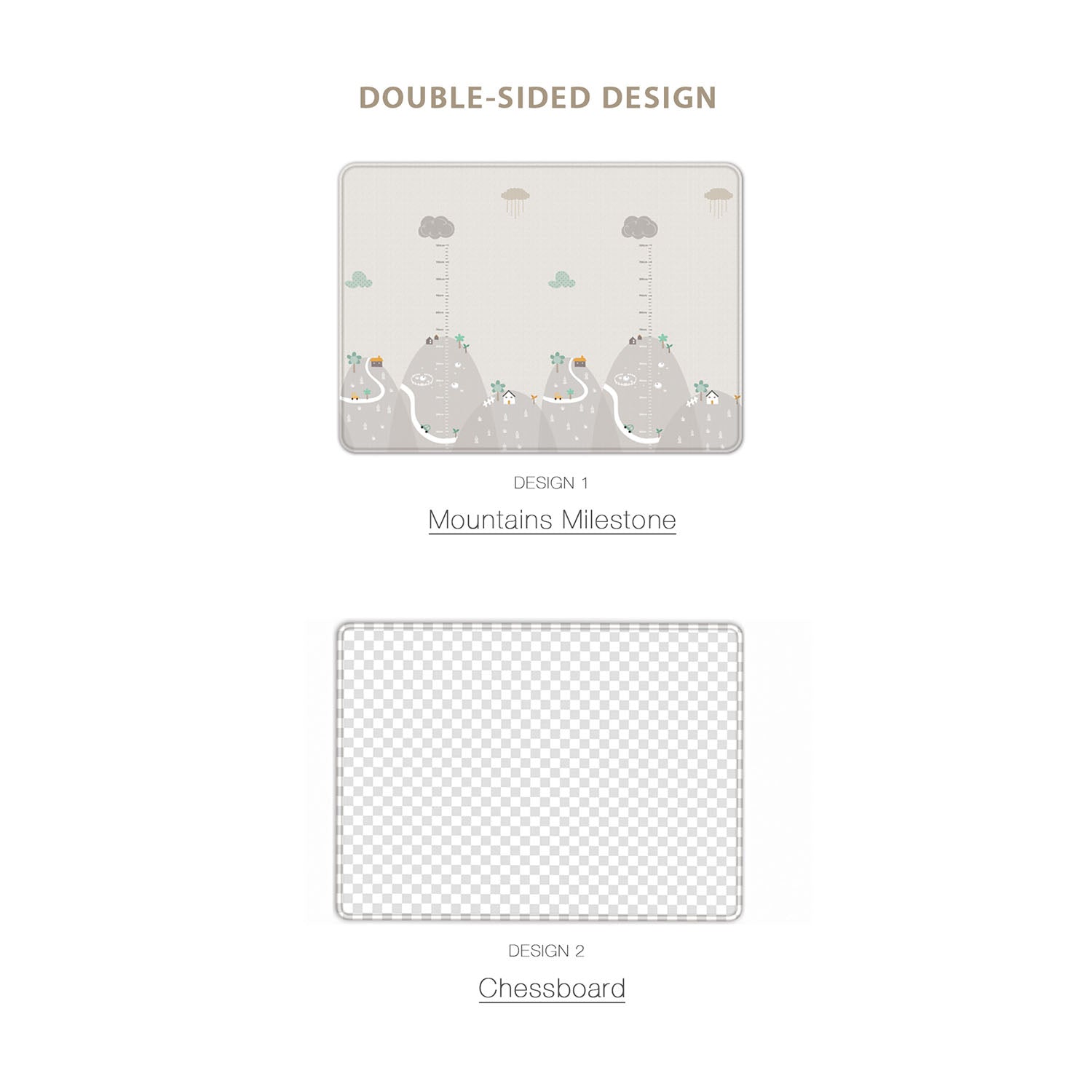 A product comparison graphic showing two double-sided design options on a white background. The top option, labeled 'Design 1 Mountains Milestone,' shows a soft beige and gray illustrated mountain scene with clouds and small colorful accents.