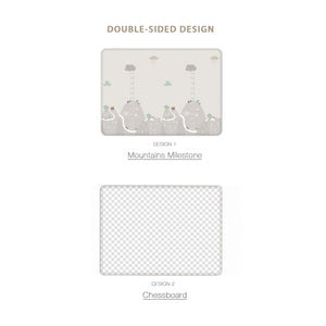 A product comparison graphic showing two double-sided design options on a white background. The top option, labeled 'Design 1 Mountains Milestone,' shows a soft beige and gray illustrated mountain scene with clouds and small colorful accents.