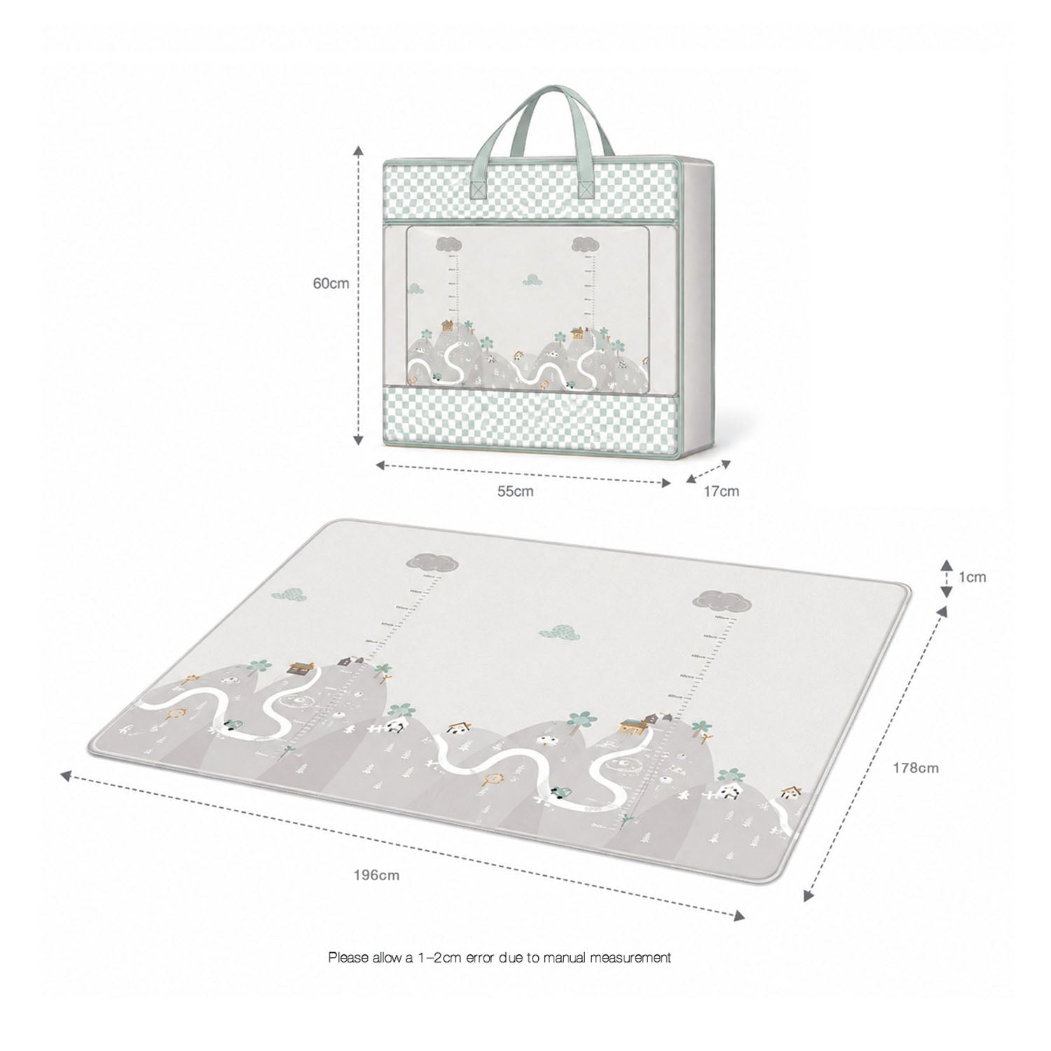A nursery storage bag and matching play mat shown with dimension annotations on a white background. The bag is light sage green and white with a patterned front window and top handles.