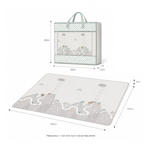 A nursery storage bag and matching play mat shown with dimension annotations on a white background. The bag is light sage green and white with a patterned front window and top handles.