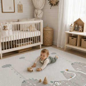 A baby lies on a light gray and white play mat with a road and cloud pattern in a styled nursery. The room includes a white crib, woven baskets, a wooden shelf with toys, and soft neutral decor.