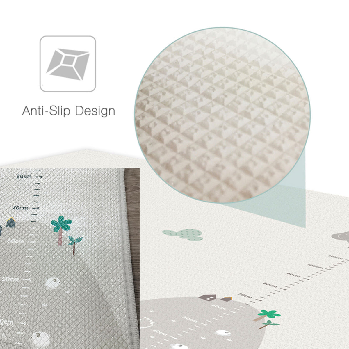 Anti-slip baby play mat with measurement markings and cute animal and plant illustrations, featuring a circular inset showing the textured anti-slip surface.