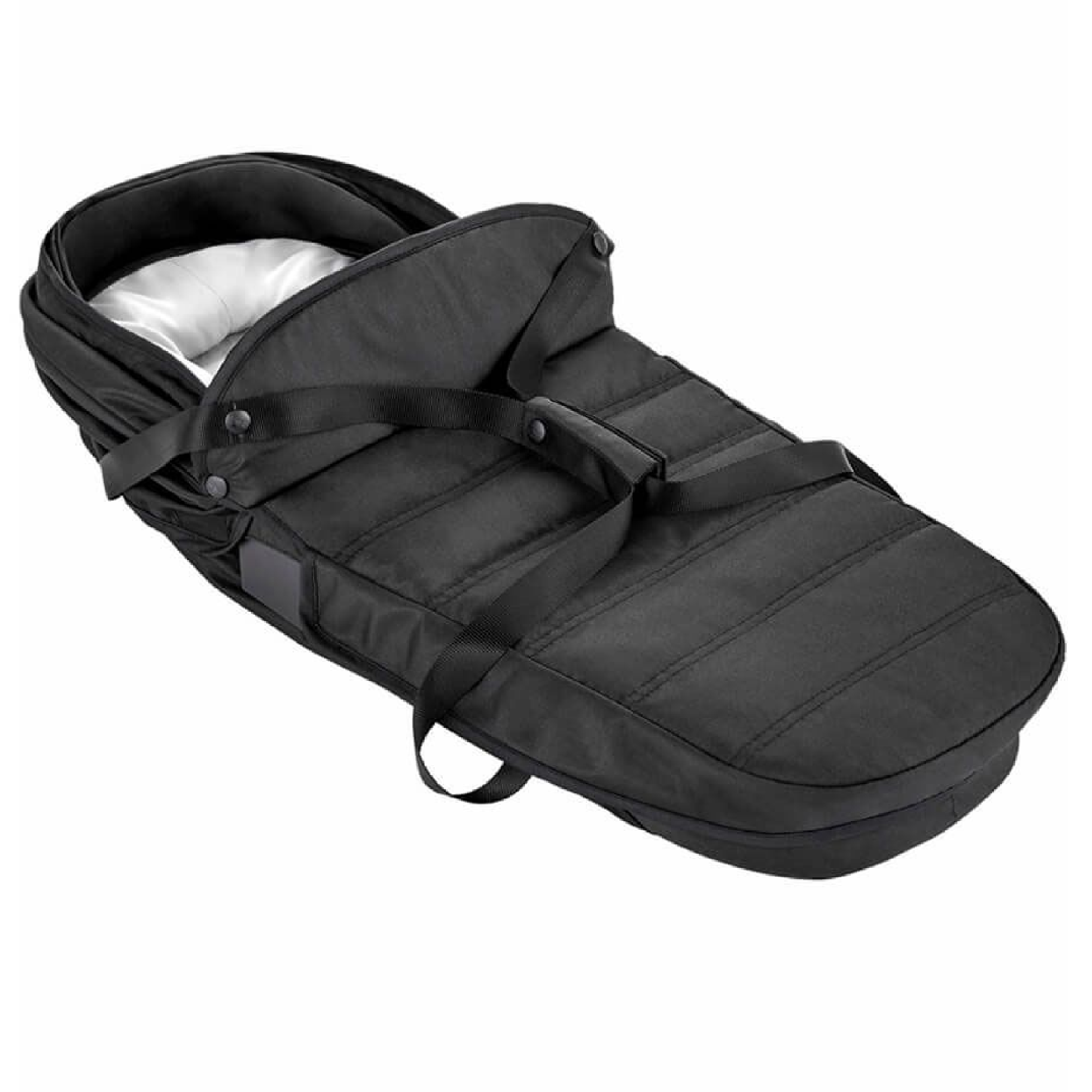Angled overhead view of the Jet Black Baby Jogger City Tour 2 Carrycot displaying the attached foot cover and carry handles.