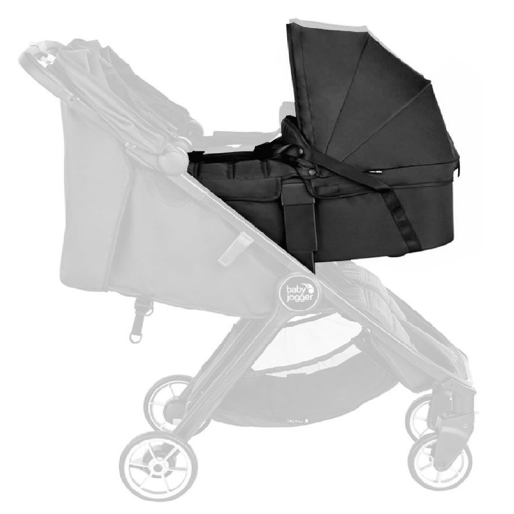 Jet Black Baby Jogger City Tour 2 Carrycot securely attached to a compatible light grey stroller frame.