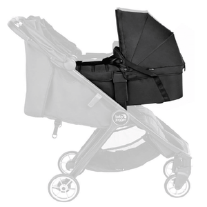 Jet Black Baby Jogger City Tour 2 Carrycot securely attached to a compatible light grey stroller frame.