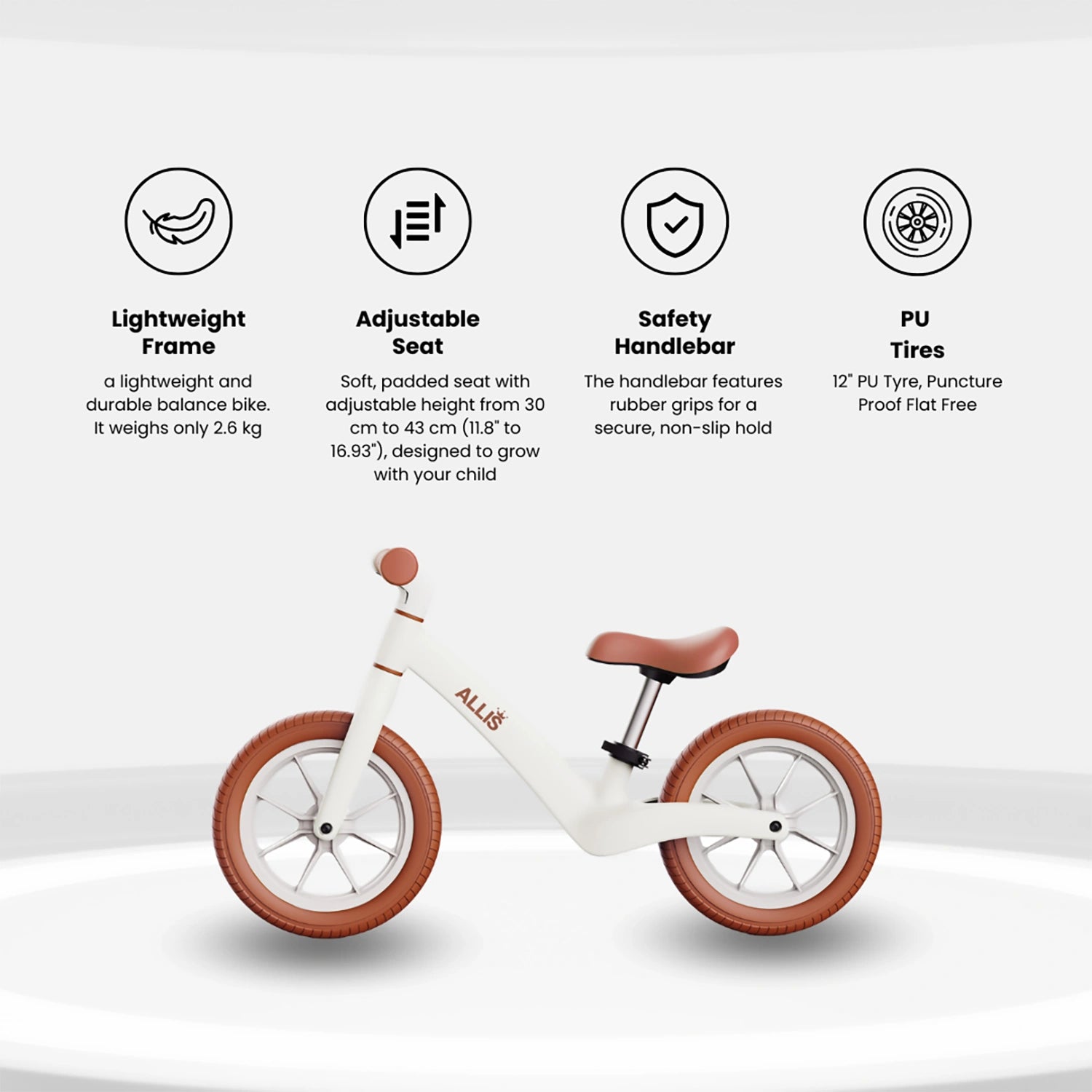 Allis Baby Lumi Balance Bike for Year Old, White, 12 Inch Bike