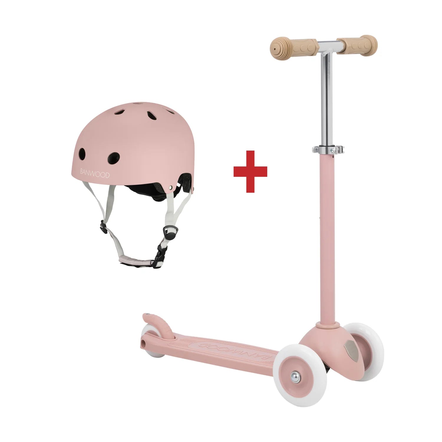 Banwood ecoride scooter with helmet - dusty rose kids scooter in a white background