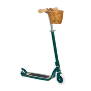 Banwood green scooter with a wicker basket on a white background