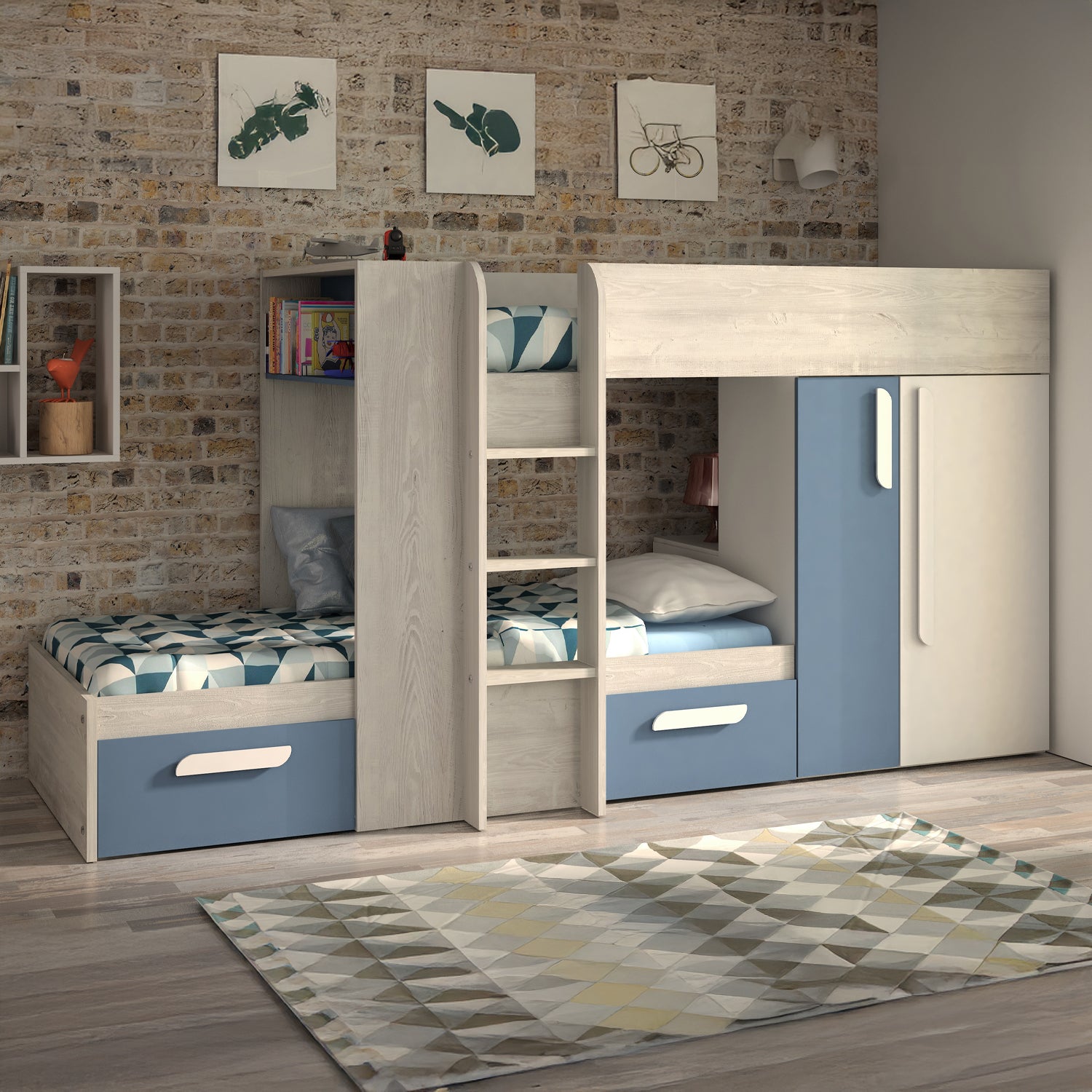 A stylish blue bunk bed with a built-in wardrobe, drawers, and shelving, perfect for a child's bedroom.