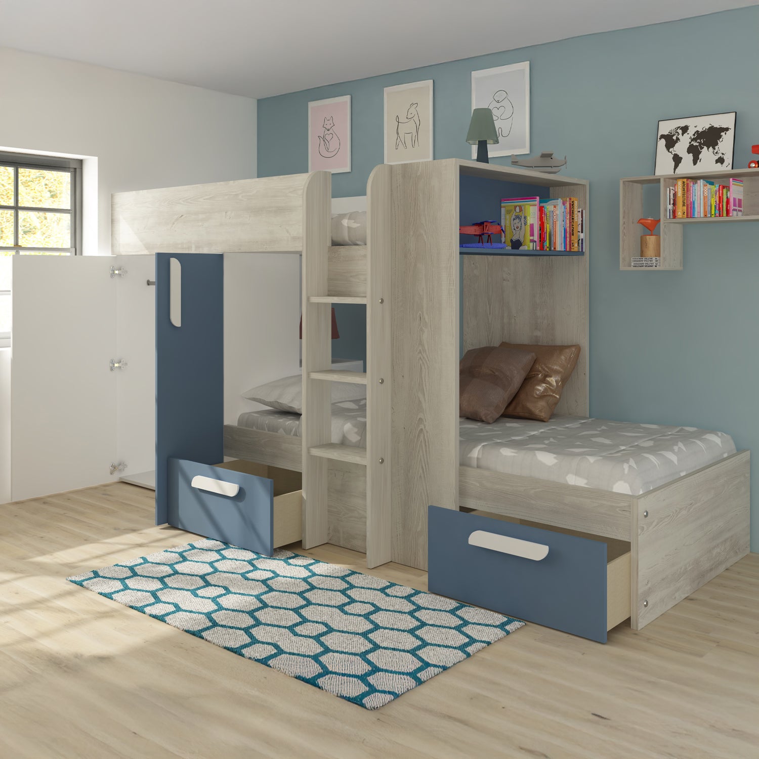 Lifestyle image of blue bunk bed with drawers and wardrobe in blue colour.