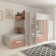 A pink bunk bed with storage drawers and a wardrobe, designed for children's rooms.