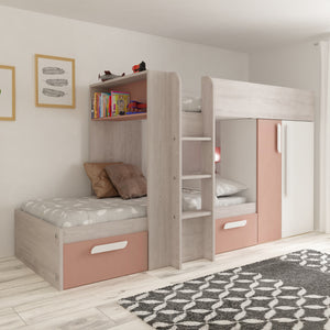 A pink bunk bed with storage drawers and a wardrobe, designed for children's rooms.
