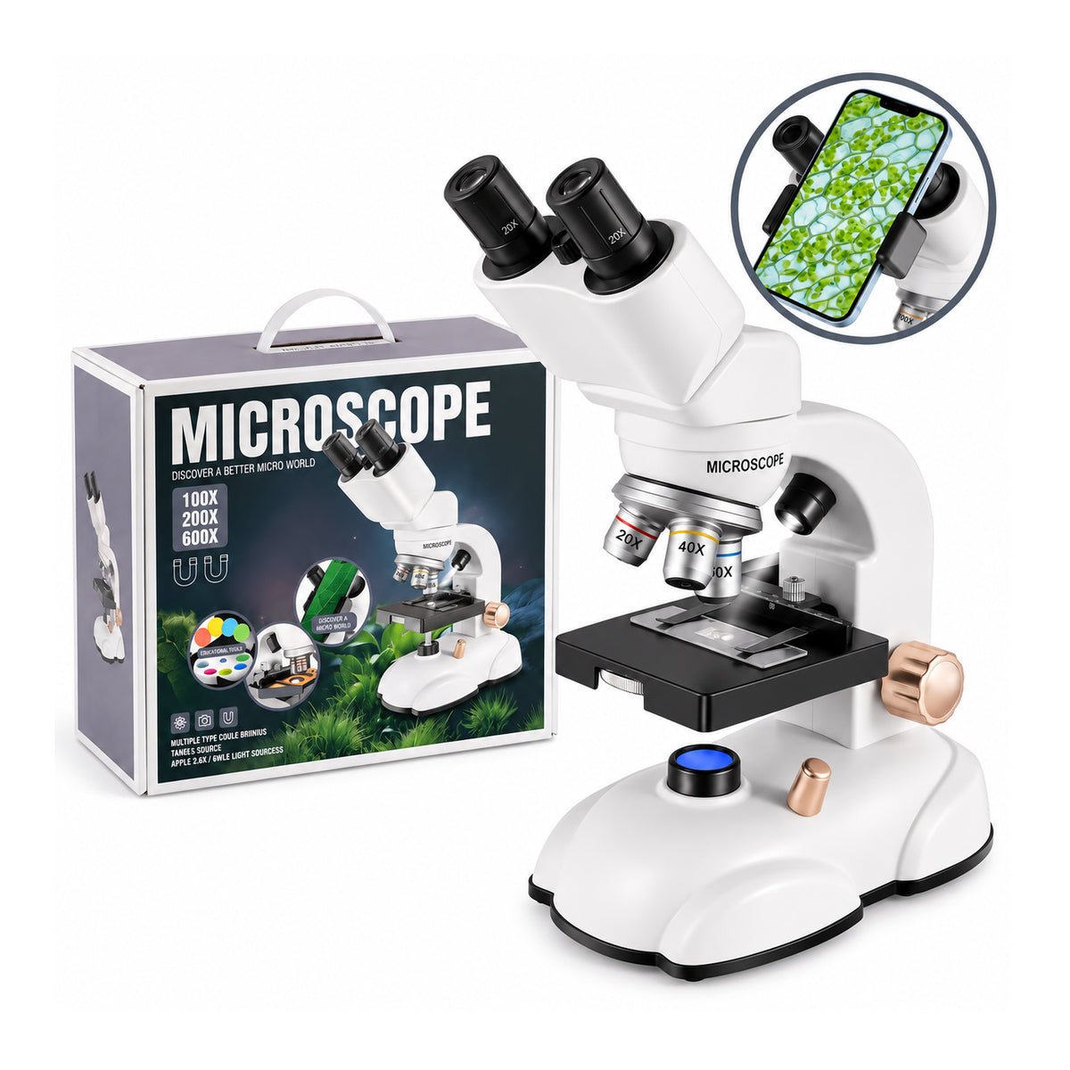 Binocular compound microscope kit with smartphone adapter – full product packaging shown
