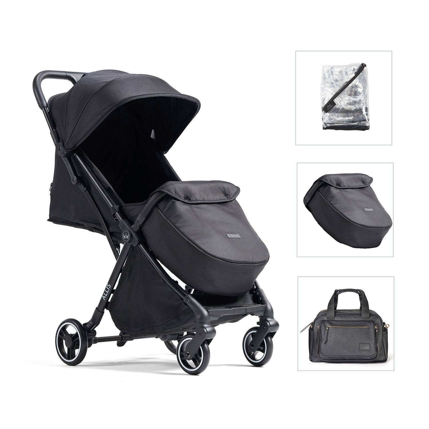 Black stroller with additional accessories on a white background