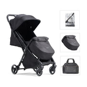 Black stroller with additional accessories on a white background