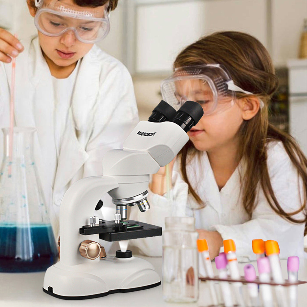 Two children looking through microscope, educational science activity for home and school